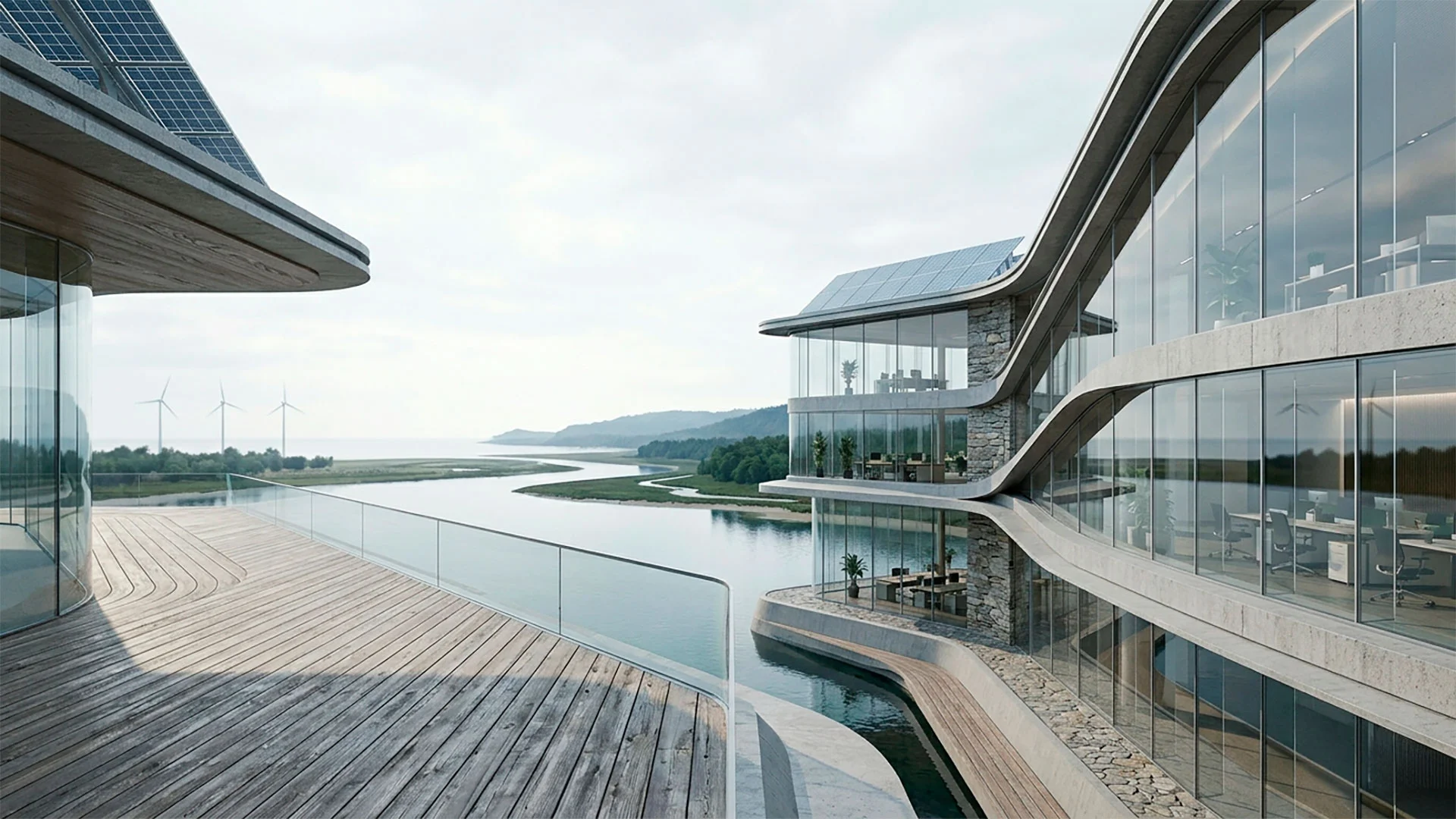 Modern architectural infrastructure with integrated renewable energy systems